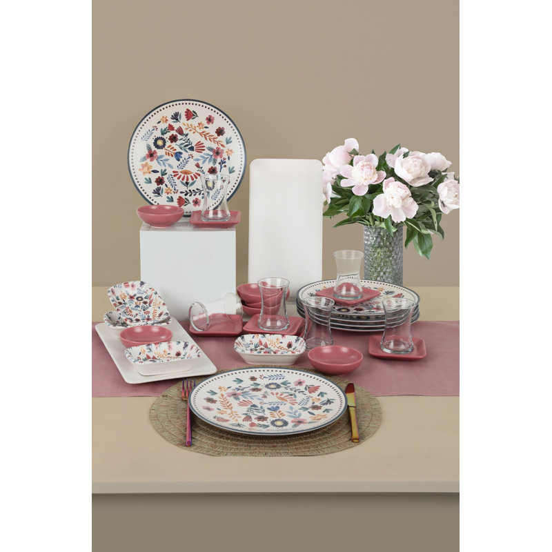 Ensemble de petit déjeuner 30 pièces, 100% céramique, comprenant 6 assiettes de service (10,2 po), 6 soucoupes (4,3 po), 6 verres à thé, 2 assiettes de présentation des aliments (13 po), 4 plateaux (5,1 po), 6 bols (3,9 po) | Antibactérien, facile à nettoyer, résistant aux chocs thermiques