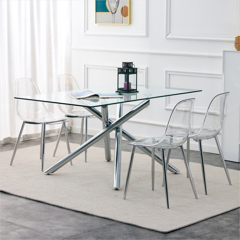 Ensemble de 6 chaises d'appoint pour la salle à manger, siège en plastique transparent avec pieds en métal argenté doux, conception moderne sans accoudoirs, l 17,3 po x H 32,7 po