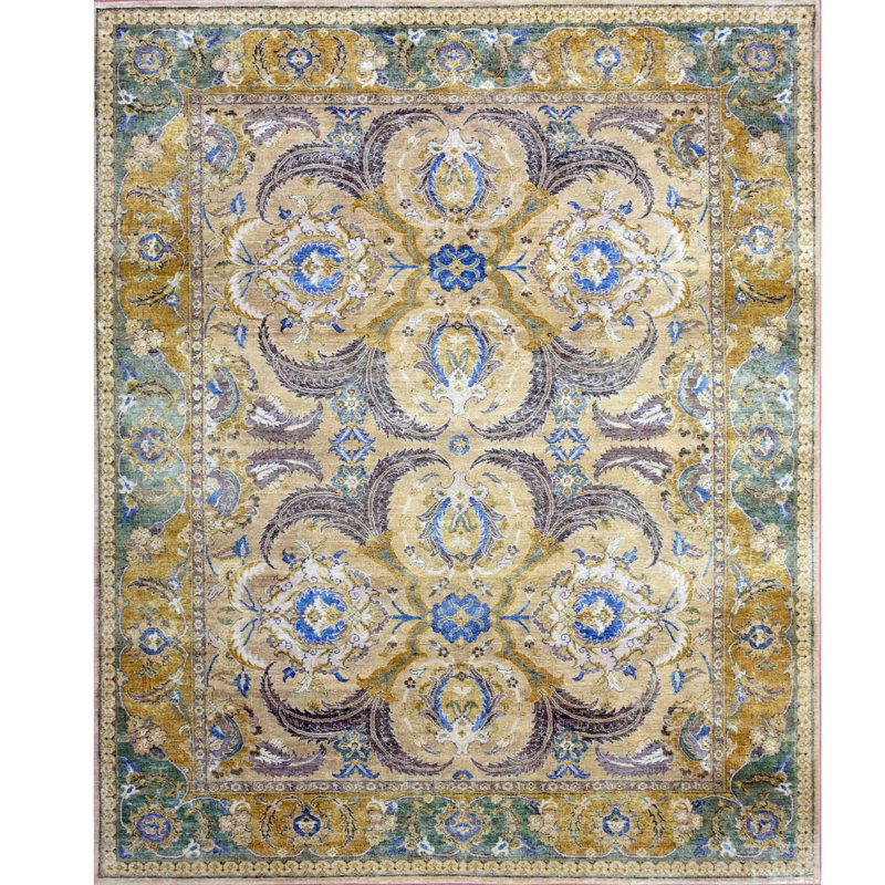 Tapis oriental rectangulaire en laine / soie noué à la main brun clair / jaune / mauve, Rectangle 8 pi x 10 pi
