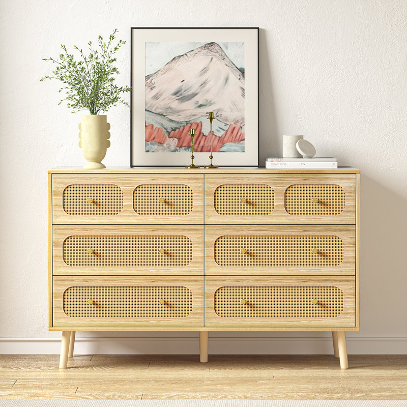 6 - Drawer Dresser, Rattan Chest of Drawer for Bedroom
