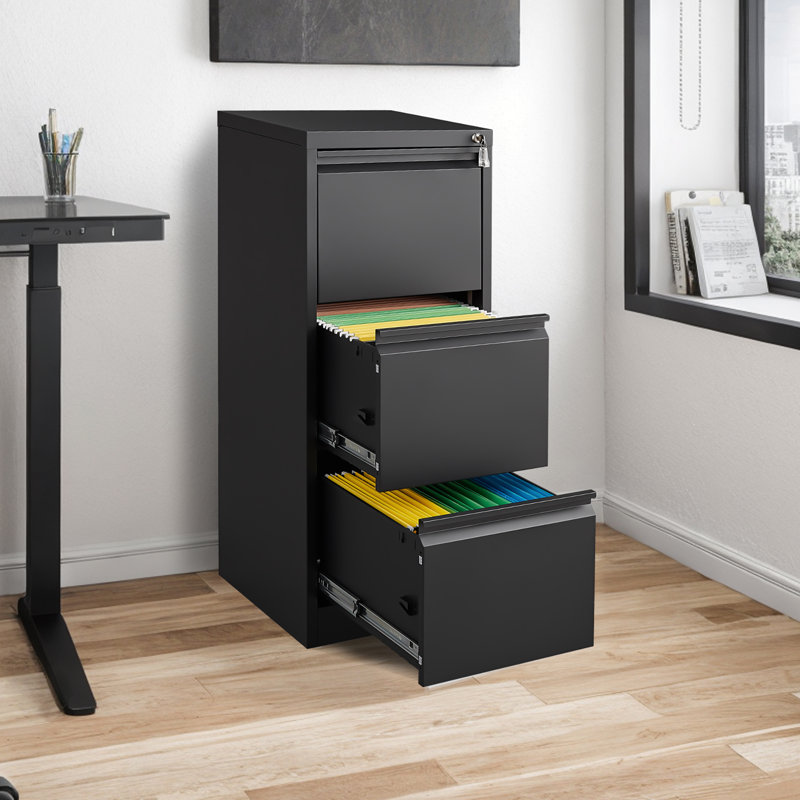 40''H Metal Vertical File Storage Cabinet For Office And Home With Lock And 3 Drawersa, Black