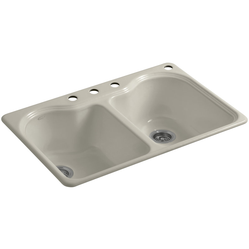 Hartland 33" L x 22" W x 9-5/8" Double Basin Drop-In Kitchen Sink, Sandbar, 3 Hole