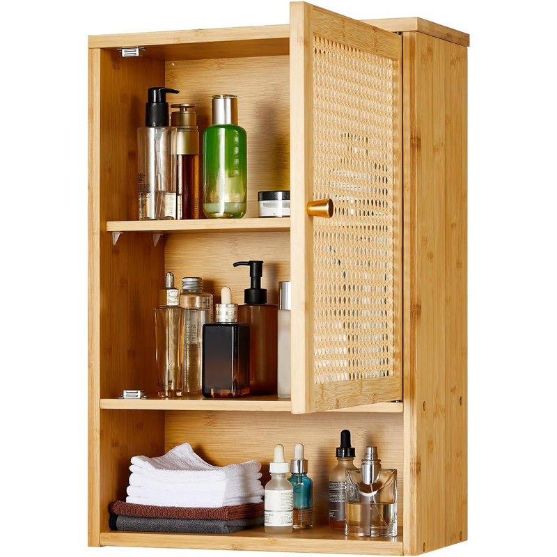 Bathroom Cabinet Wall Mount, Medicine Cabinets for Bathroom Storage Bamboo over Toilet Hanging Cabinet with Rattan Doors and Adjustable Shelf, Wall Cabinet Storage for Kitchen, Laundry
