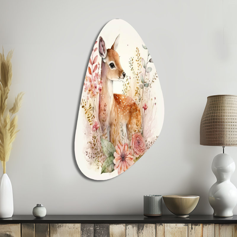 Mignon petit chevreuil avec fleurs roses - art animalier mural en forme d'automne, H 39 po x l 21 po