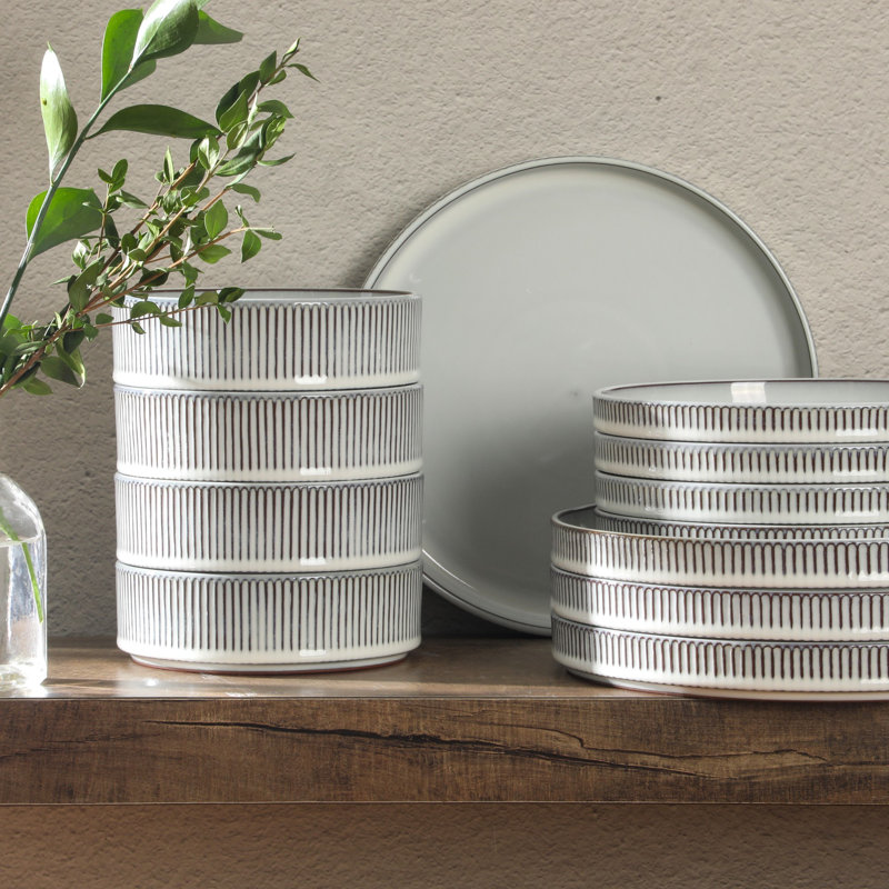 Gibson Elite 12 Piece (Service for 4) Townscape Plates and Bowls Reactive Glaze Embossed Round Dishes Terracotta Ceramic Dinnerware Set