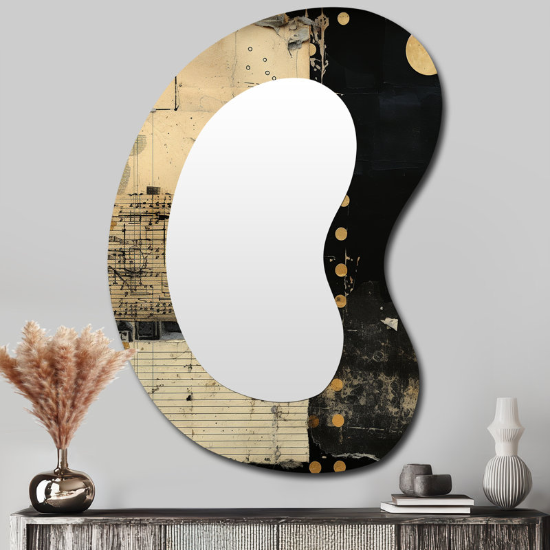 Feline Retro Rhythm Vintage Score Collage - Abstract Collages Unique Shape Decorative Wall Mirror, Modern Asymmetrical Mirror, Printed Metal Art