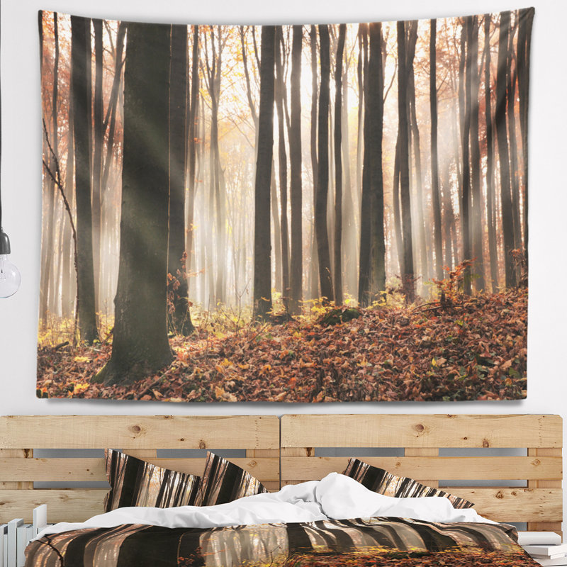 Tapisserie de forêt automne en bois épais foncé, H 78 po x l 92 po