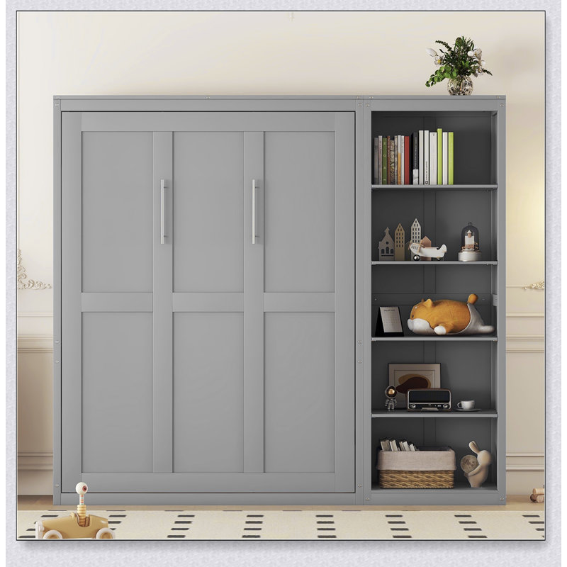 Lit escamotable mural avec tablettes Murphy, Gris, Grand lit