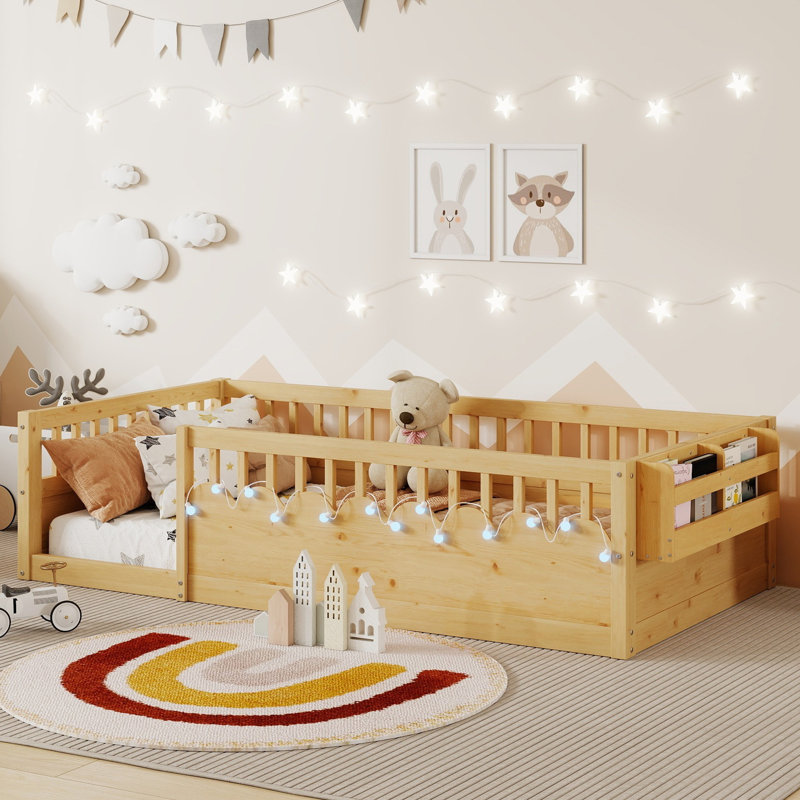 Rivvi Montessori Floor Bed With High Guardrails, LED Light And Storage Shelf, Natural, Twin