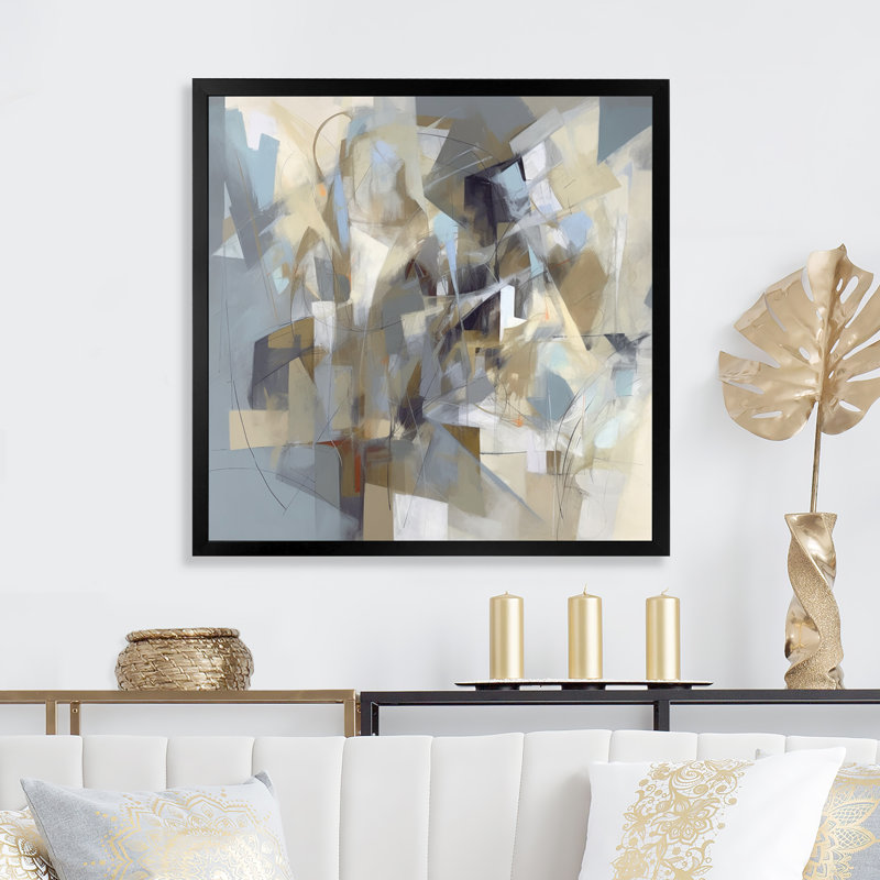 Beige et gris, Créature sans limite III - peinture abstraite, art mural, H 16 po x l 16 po x P 1 po, Cadre photo noir