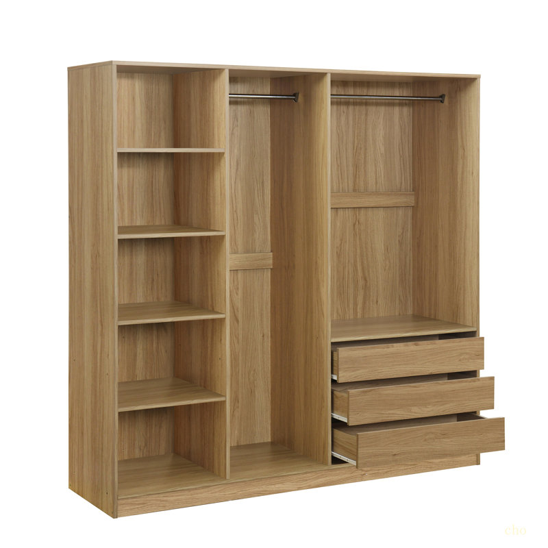 Doorless Wooden Storage Wardrobe For Dedroom With Shelves And 3 Drawers, Natural