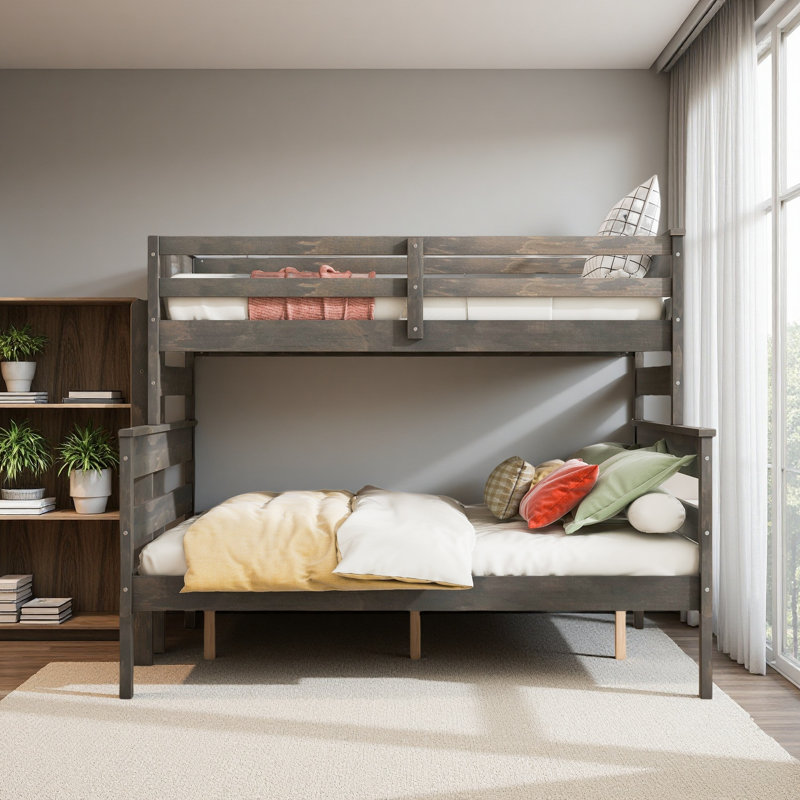 Wood Twin XL Over Queen Bunk Bed With Ladder, Gray