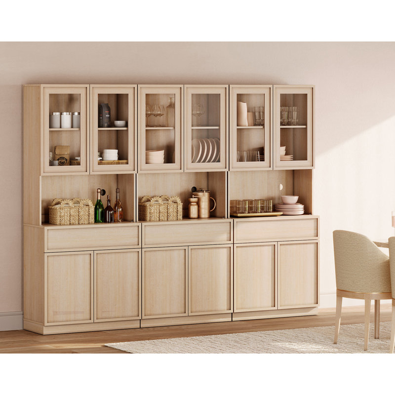 Buffet en bois de 94,5 po de large avec portes en verre, tiroirs et tablettes réglables, armoire de rangement en verre de 72 po de hauteur pour la cuisine de la salle à manger