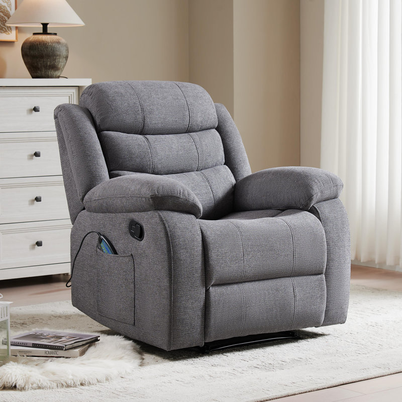 Lacreta 37" Wide Modern Polyester Blend Soft Backrest Manual Recliner with Massage & Heating Function Gray