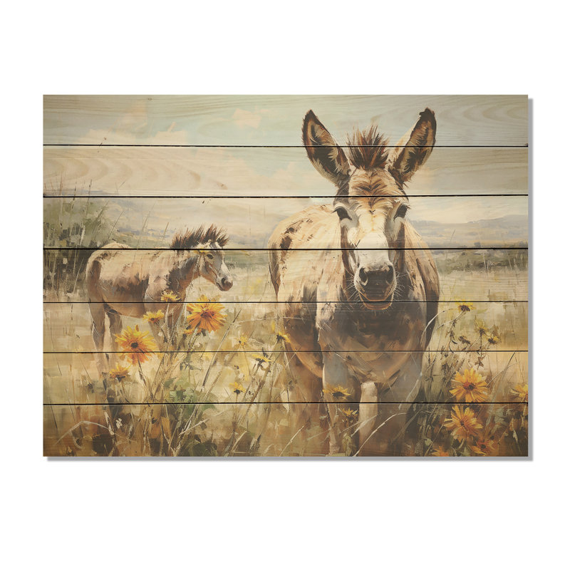 «Donkey Flower Meadow Landscape I» - impression d'âne sur bois, H 10 po x l 20 po
