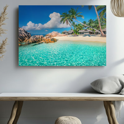 Impression sur toile de plage tropicale, palmiers bleu clair, sable et roches décoratives sur toile pour le salon, la chambre à coucher, le bureau, le couloir, le vestibule, le mur de la galerie et la décoration moderne