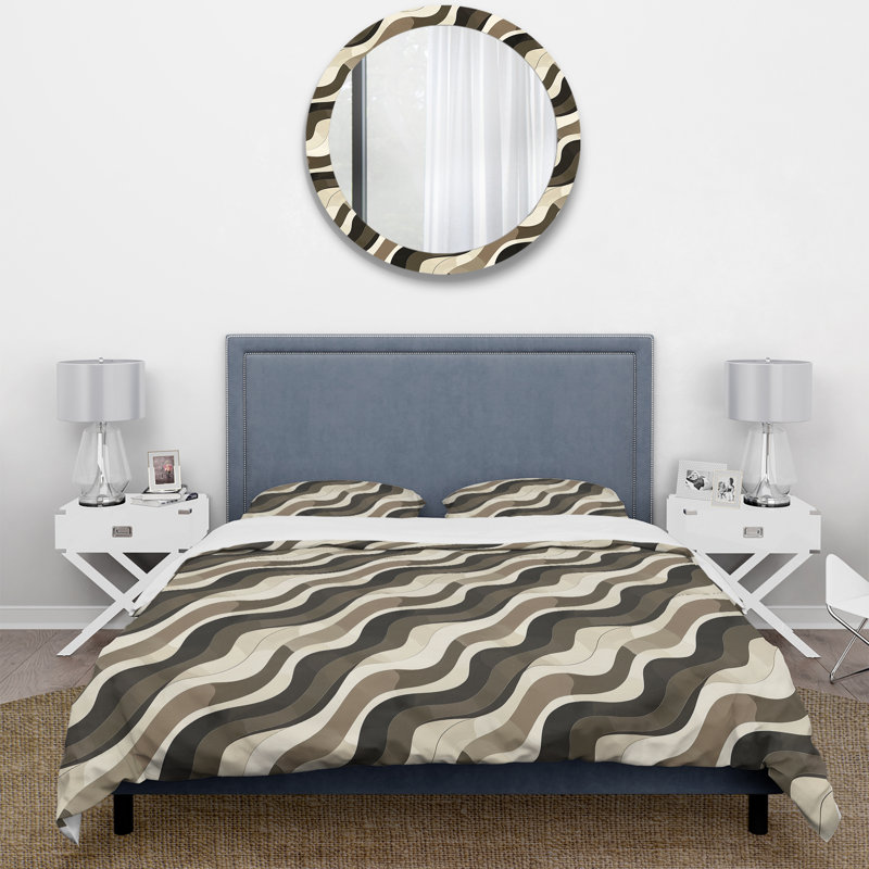 Ensemble de housse de couette beige brun Midcentury Wave Lines II - Midcentury