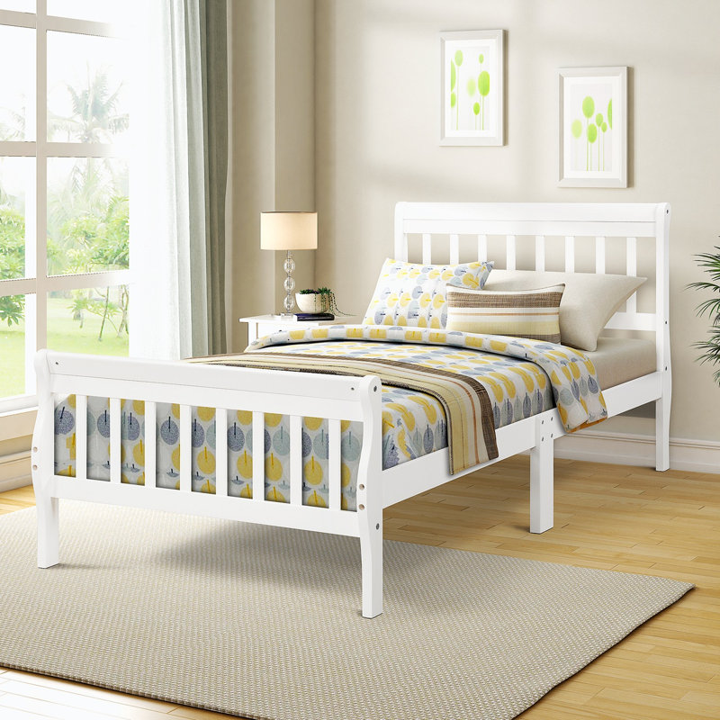 Twin Size Wood Platform Bed Frame with Sleigh Headboard & Footboard, Sturdy Wooden Slats, No Box Spring Needed, White
