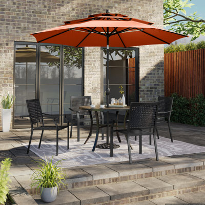 Alyah 5-piece Steel Patio Outdoor Dining Set With Umbrella,metal Stackable Chairs, 42'' Round Table -  Lark Manorâ¢, 53159A4689E447CA97CBFFAAF94D0D0C