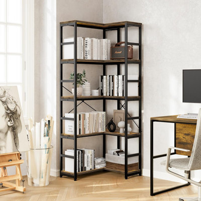 Bibliothèque de rangement en bois et en métal pour le salon, la chambre à coucher, le bureau personnel ou la cuisine | Brun rétro