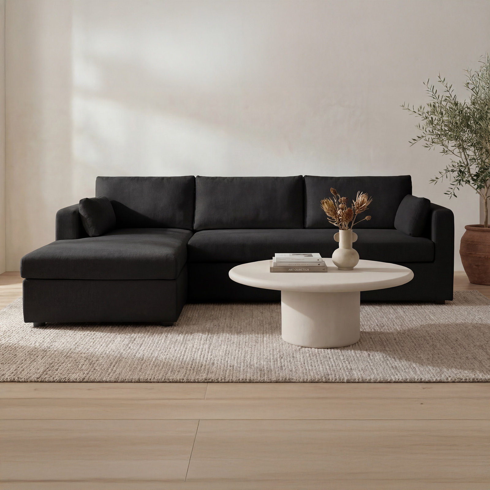 Sofa Bed with Storage Chaise, Left Hand Facing, Black Polyester
