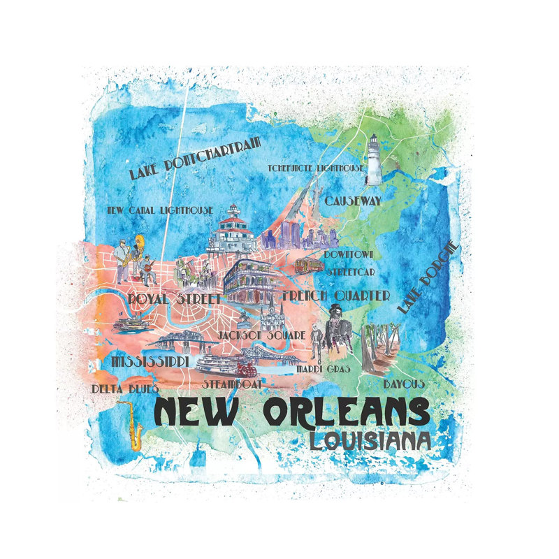 New Orleans Louisiana USA Illustrated Map by Markus & Martina Bleichner - Painting on Canvas, Wrapped Canvas