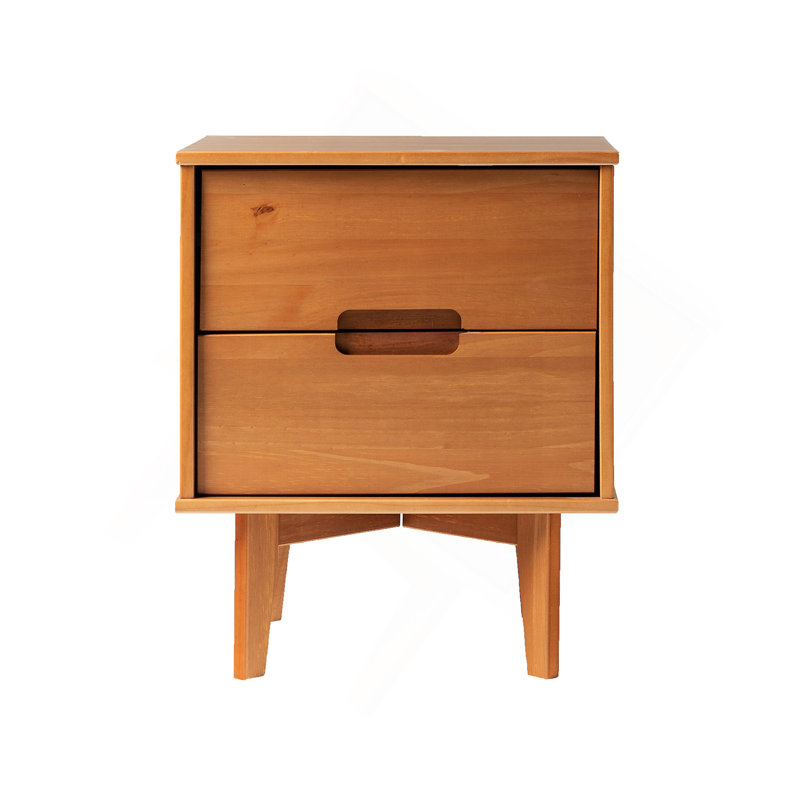 Table de chevet en bois Mid-Century à 2 tiroirs avec poignées découpées - caramel, Caramel