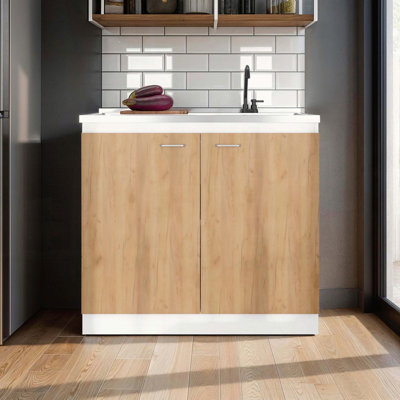 White and Natural Oak Kitchen Storage Cabinet with Two Doors and Three Shelves