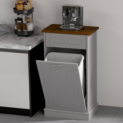 Armoire poubelle inclinable de 13 gallons de style Mid-Century moderne avec grand tiroir de rangement, porte-bac de recyclage de cuisine en bois massif et trieur de linge, poubelle peu encombrante pour salle à manger, vestibule ou garde-manger