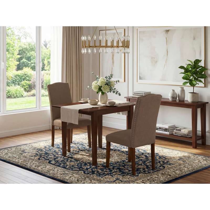 3 Piece Dining Set Contains a Rectangle Dining Room Table with Dropleaf and 2 Dark Coffee Linen Fabric Upholstered Chairs, 30x48 Inch, Mahogany