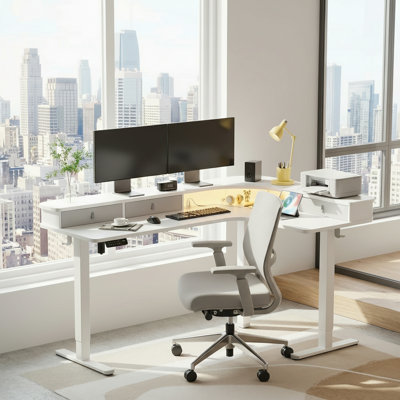 Meachie 63" Adjustable L Shaped Computer Standing Desk with 3 Drawers & Power Outlets & LED Lights