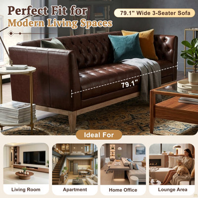 79.1" 3 Seater Faux Leather Sofa, Mid Century Modern Chesterfield Couch with Button Tufted Design, 100% PU Upholstery, Solid Pine Wood Legs, Vintage Living Room Sofa for Apartment & Office