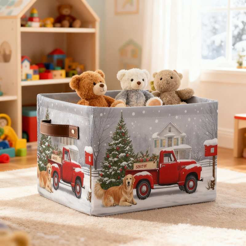 Christmas Tree Red Truck Fabric Storage Basket Collapsible Laundry Organizer Bin For Clothes Toys Books With Sturdy Handles