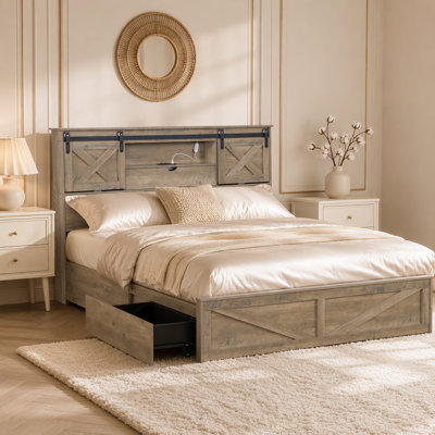 Farmhouse Bed Frame with LED Lights and Charging Station, Wooden Bed with 2 Storage Drawers