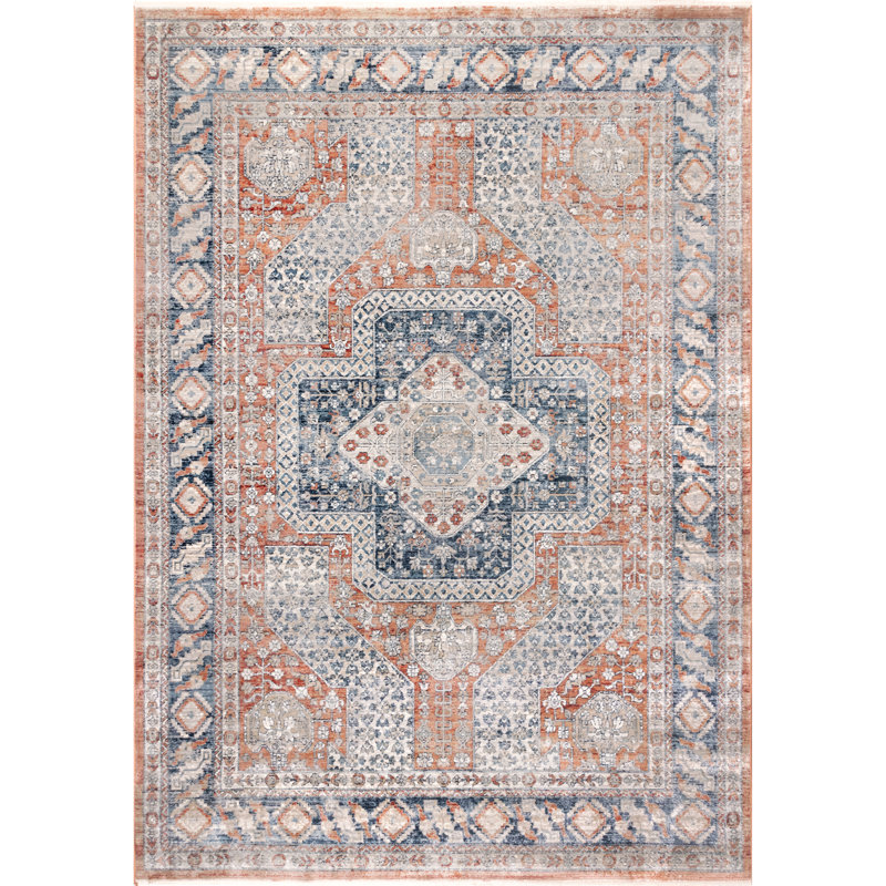 Performance Distressed Traditional Orange/Black/White Rug, Rectangle 4' x 6' 3"