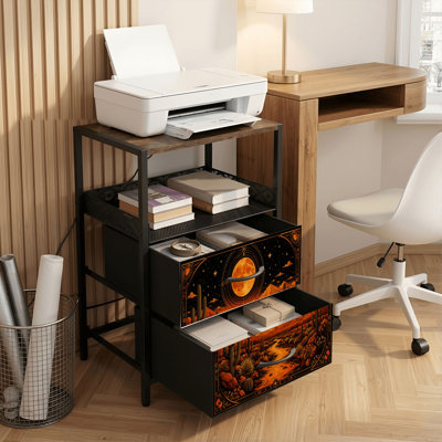 2 Drawers Nightstand with Charging Station, Bedroom Nightstand with USB Ports, Outlets Open Shelf Black, night stand with Desert Landscape Golden Sunset Cacti Starry Sky Print
