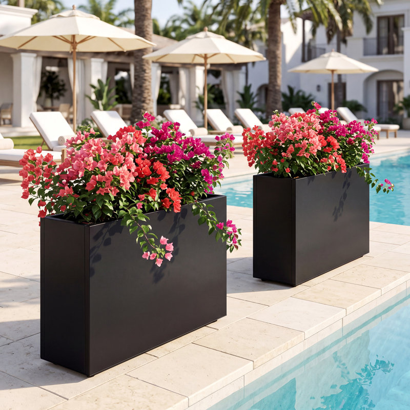 38" L × 13" W × 30" H Black Rectangular Metal Planter Box (with Drainage Holes and Adjustable Shelf) — All-Weather Outdoor Plant Container for Patio, Courtyard, or Balcony