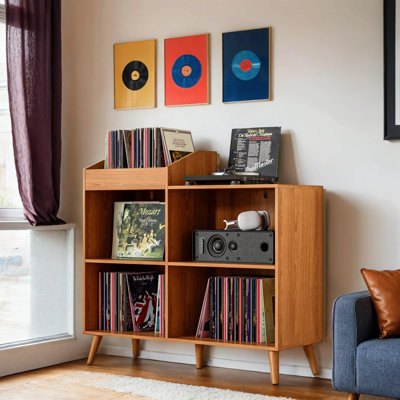 Large Record Player Stand With Power Outlet, Vinyl Record Storage Table Holds Up To 400 Albums, Mid-Century Turntable Stand For Living Room, Bedroom