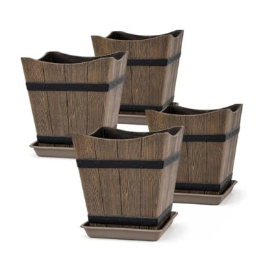 Pots de fleurs carrés d'extérieur de 30 cm avec soucoupes, aspect bois, ensemble de 4