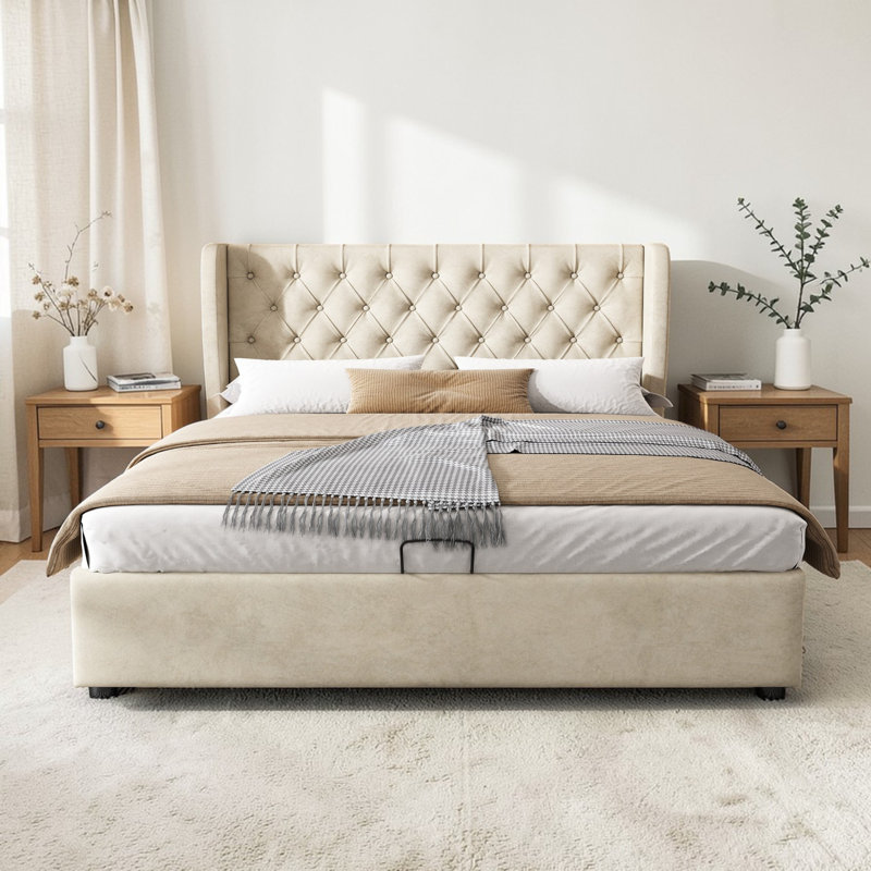 Antoinet Upholstered Single (3') Velvet Bed, Beige