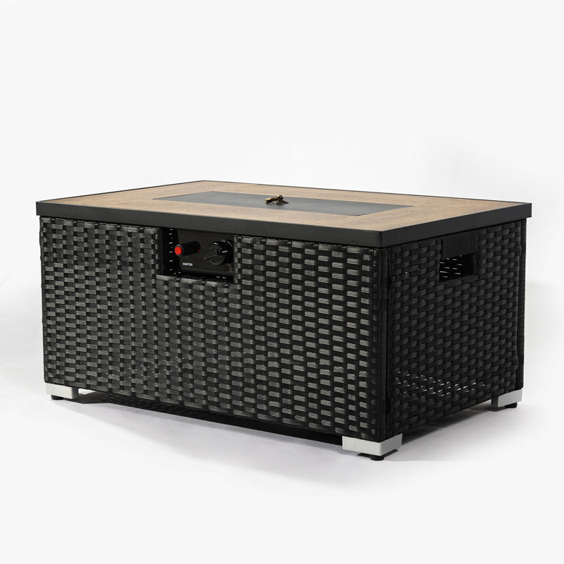 Rattan Newenton Table With Propane Tank Holder, Fire Table With Ceramic Tile Table Top, Gray