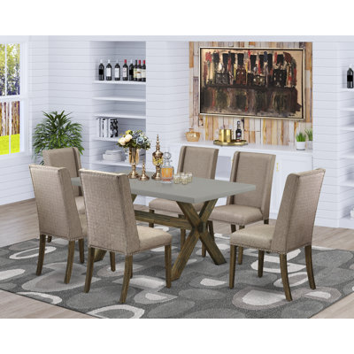 Ensemble de table de salle à manger 7 pièces composé d'une table de cuisine rectangulaire avec pieds en X et 6 chaises de salle à manger Parson en tissu kaki foncé