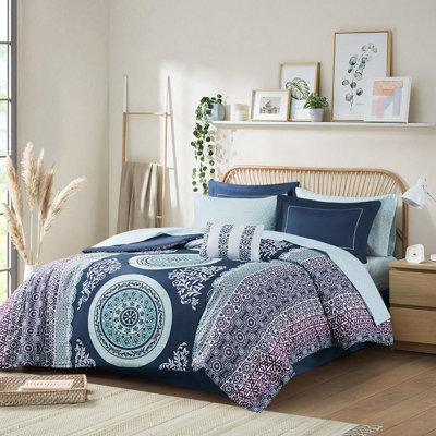 Édredon pour grand lit et ensemble de draps - imprimé médaillon bleu marine, taies décoratives brodées, coussin décoratif, draps, lavable à la machine