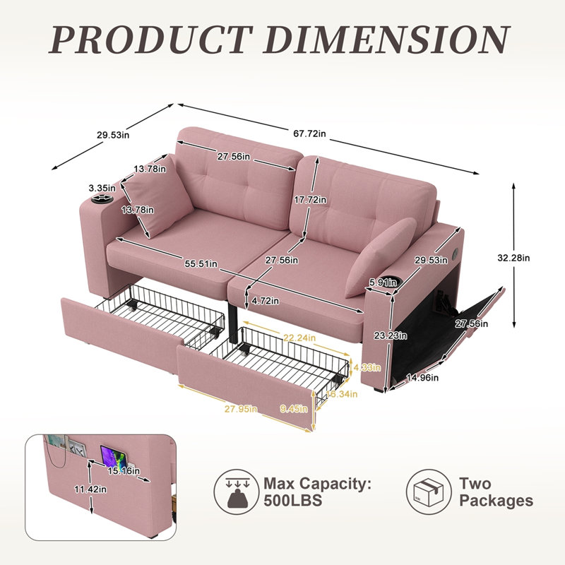 Canapé modulaire 3 places avec rangement, station de charge et porte-gobelet Modern, Rose