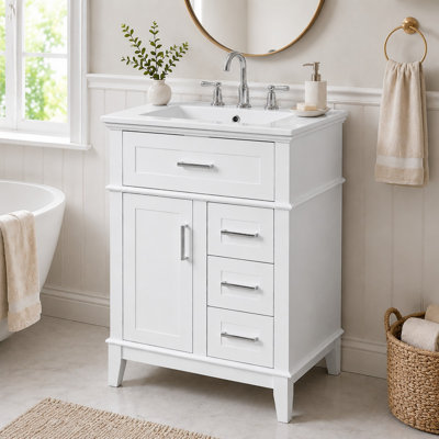 Meuble-lavabo de 24 po avec lavabo en céramique, structure en bois massif et armoire en panneau de fibres à densité moyenne, 1 porte, tiroir rabattable et 3 tiroirs, charnières à fermeture en douceur, tablette réglable, poignées argentées