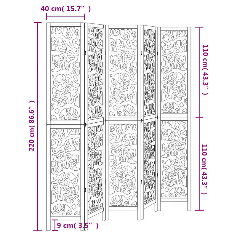 Folding Room Divider, 5, 220cm H x 180cm W x 1.6cm D, White