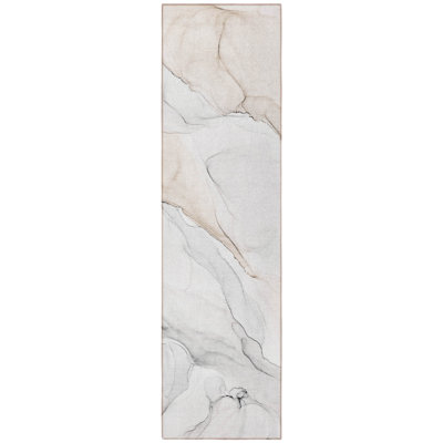 8' Runner Beige Ivory and Gray Abstract Washable Non Skid Indoor Outdoor Runner Rug