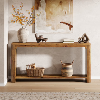 63-inch Solid Wood Console Table, 63" Farmhouse Sofa Table Entryway with 2-Tier Storage Shelf, Rustic Brown