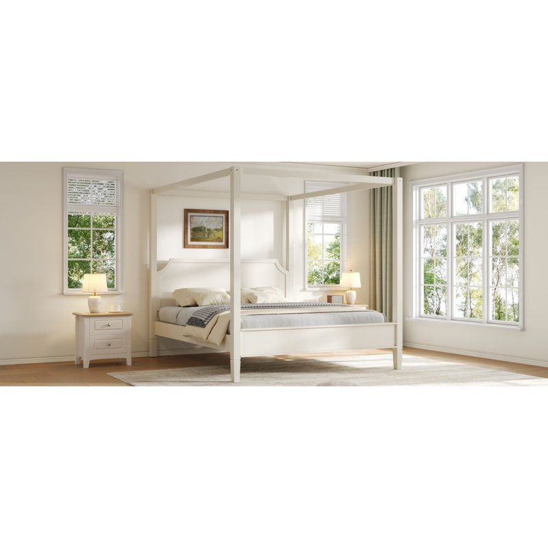 Lit plateforme à très grand lit en bois avec tête de lit et pieds de support, blanc crème (ETA: 4/30)