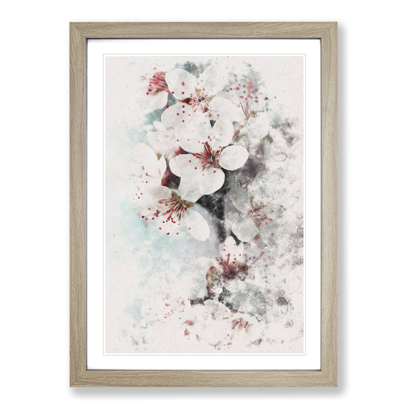 White Blossoms - Picture Frame Painting Print, 45cm H x 33cm W x 2cm D, Oak Framed